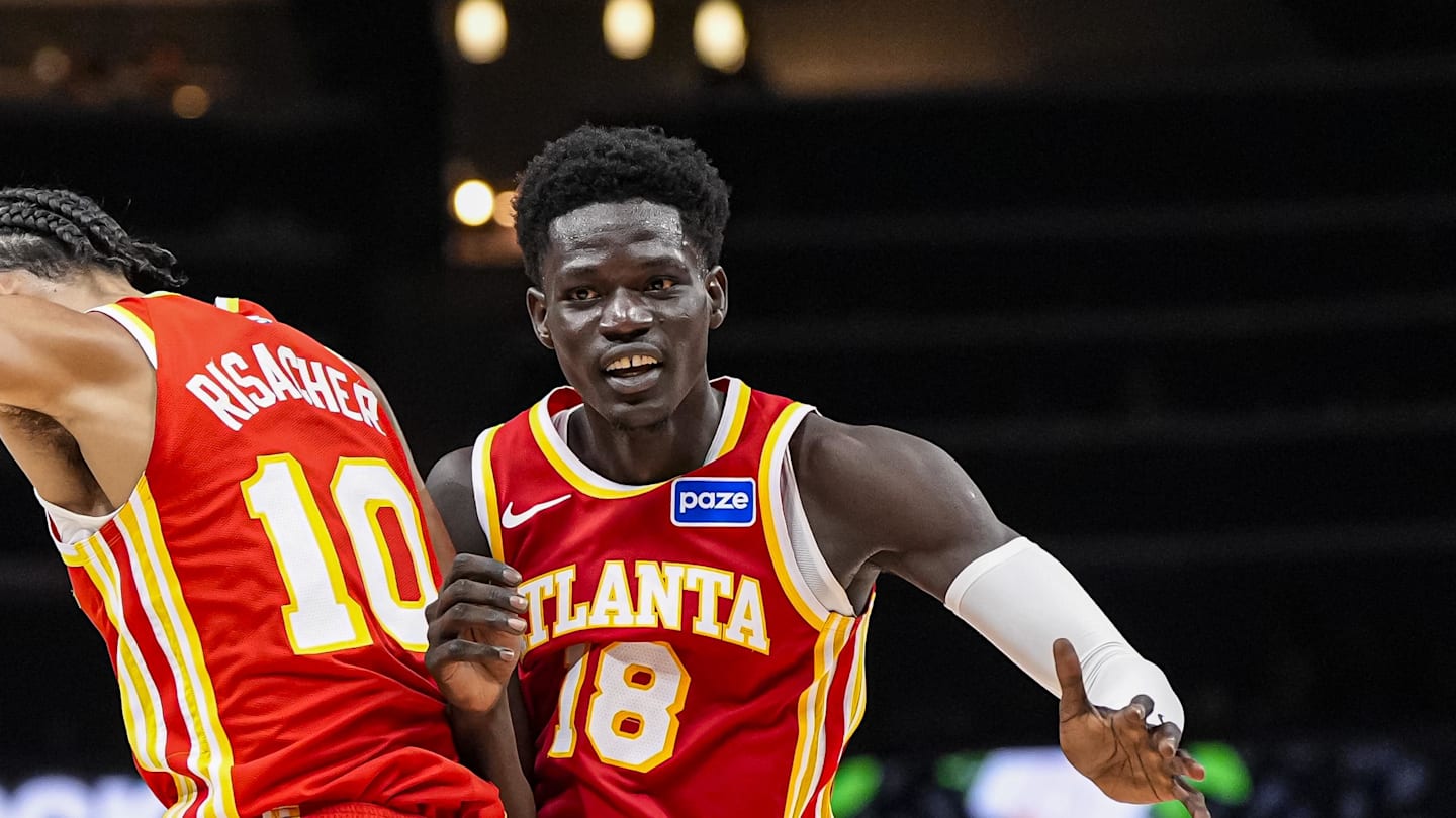 Atlanta Hawks forward Zaccharie Risacher and forward Mouhamed Gueye react after a play against the Los Angeles Lakers during the second half at State Farm Arena