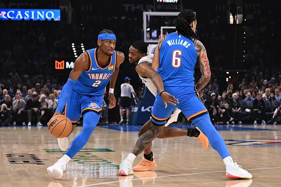 OKLAHOMA CITY, OKLAHOMA - JANUARY 13: Shai Gilgeous-Alexander #2 of the Oklahoma City Thunder handles the ball during the first half against the San Antonio Spurs at Paycom Center on January 13, 2026 in Oklahoma City, Oklahoma. NOTE TO USER: User expressly acknowledges and agrees that, by downloading and or using this photograph, User is consenting to the terms and conditions of the Getty Images License Agreement. (Photo by Joshua Gateley/Getty Images)