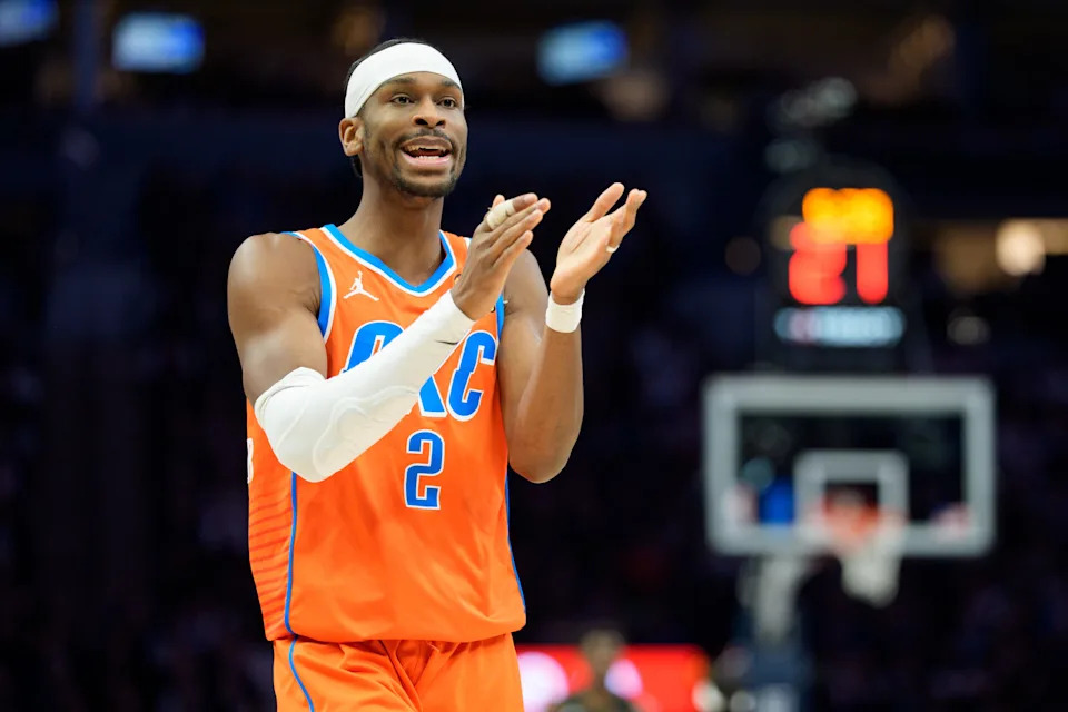 Jan 29, 2026; Minneapolis, Minnesota, USA; Oklahoma City Thunder guard Shai Gilgeous-Alexander (2) gestures to teammates in the second quarter against the Minnesota Timberwolves at Target Center. Mandatory Credit: Matt Blewett-Imagn Images