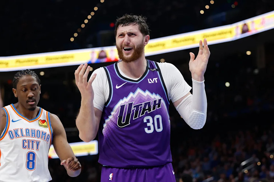 Jan 7, 2026; Oklahoma City, Oklahoma, USA; Utah Jazz center Jusuf Nurkić (30) reacts after a call against him during the second half against the Oklahoma City Thunder at Paycom Center. Mandatory Credit: Alonzo Adams-Imagn Images