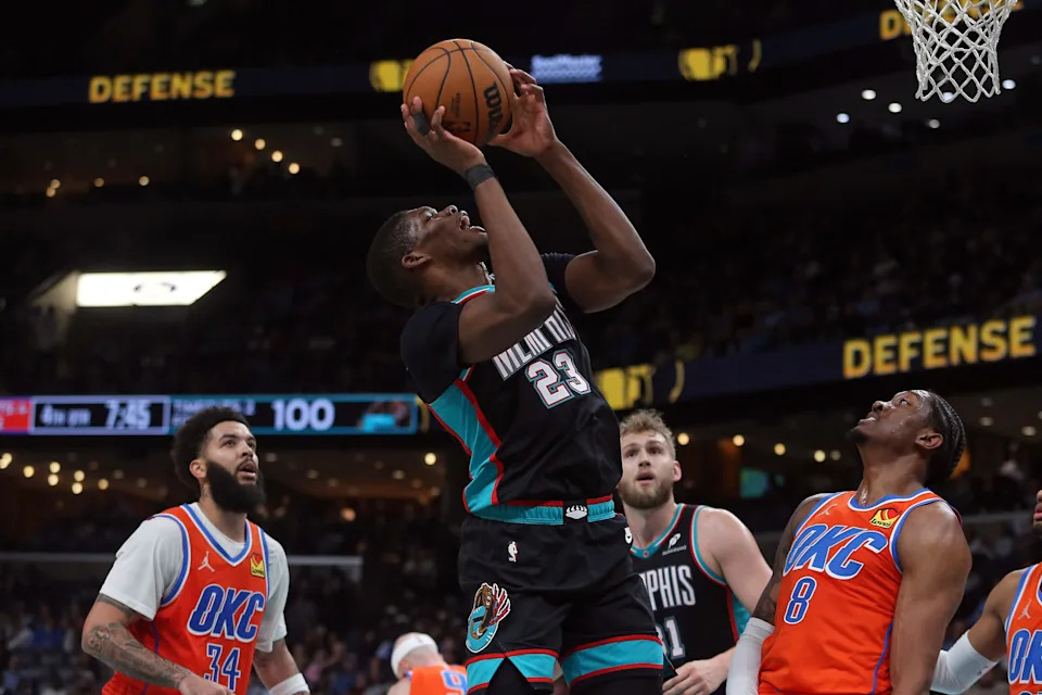 Jan 9, 2026; Memphis, Tennessee, USA; Memphis Grizzlies forward Cedric Coward (23) shoots during the fourth quarter against the Oklahoma City Thunder at FedExForum. Mandatory Credit: Petre Thomas-Imagn Images