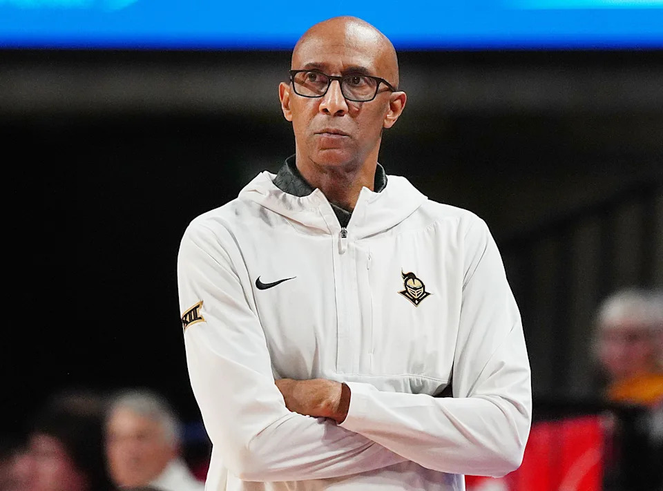 UCF Knights men's basketball head coach Johnny Dawkins watches the game from bench during the second half against Iowa State in the Big-12 conference men’s basketball on Jan. 20, 2026, at Hilton Coliseum in Ames, Iowa.