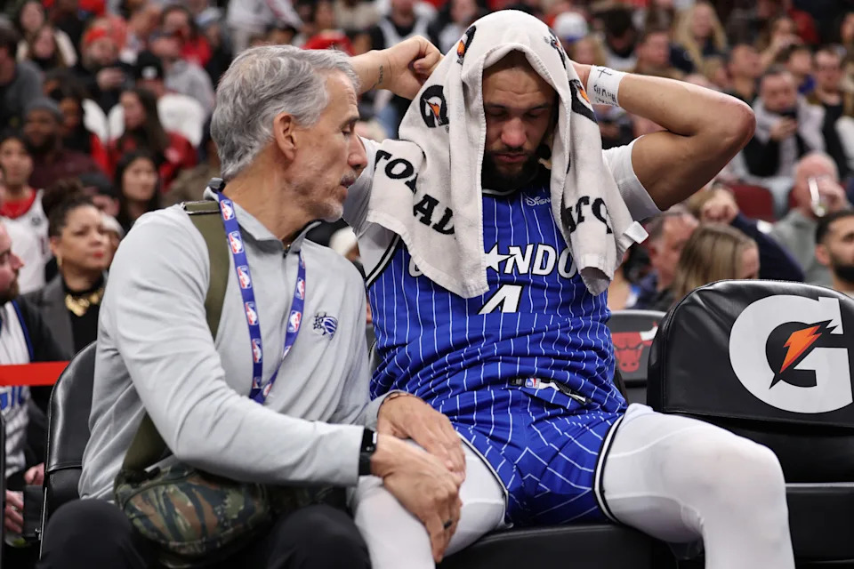 Jalen Suggs will miss some time after suffering a right knee injury against the Chicago Bulls. (Photo by Geoff Stellfox/Getty Images)