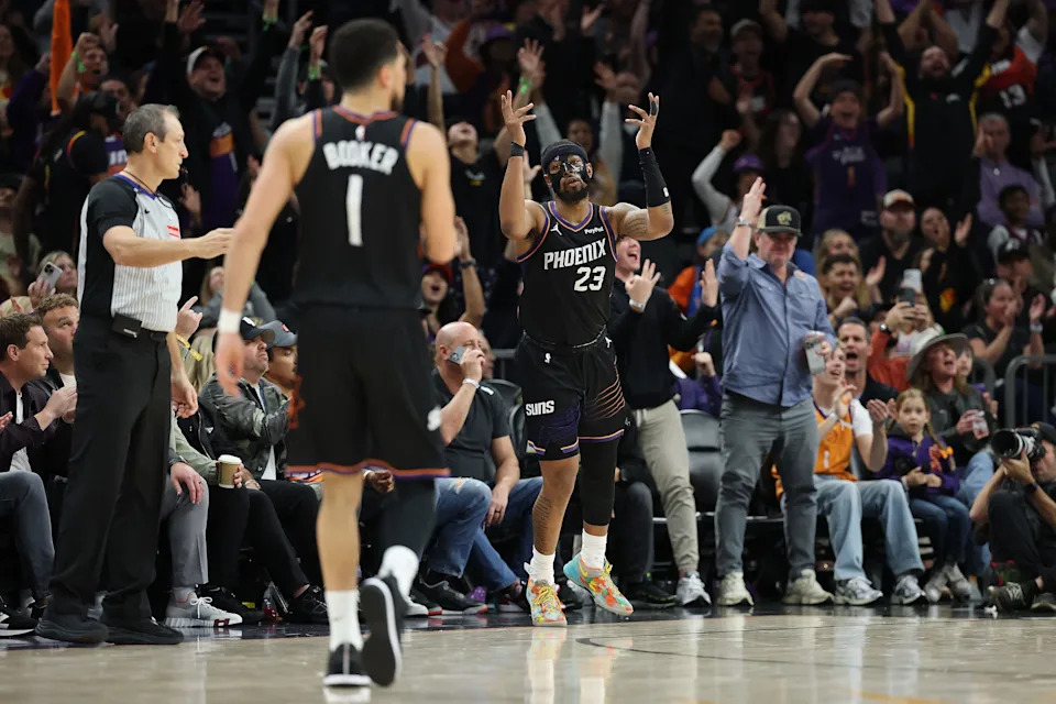 PHOENIX, ARIZONA - JANUARY 04: Jordan Goodwin #23 of the Phoenix Suns celebrates after hitting a three-point shot against the Oklahoma City Thunder during the second half of the NBA game at Mortgage Matchup Center on January 04, 2026 in Phoenix, Arizona. The Suns defeated the Thunder 108-105. NOTE TO USER: User expressly acknowledges and agrees that, by downloading and or using this photograph, user is consenting to the terms and conditions of the Getty Images License Agreement. (Photo by Christian Petersen/Getty Images)