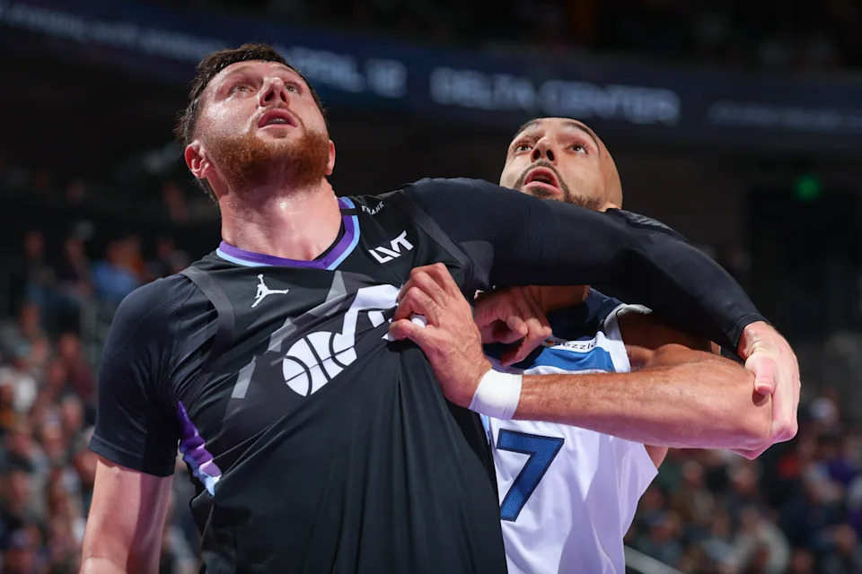 SALT LAKE CITY, UT – JANUARY 20: Jusuf Nurkic #30 of the Utah Jazz and Rudy Gobert #27 of the Minnesota Timberwolves play defense during the game on January 20, 2026 at Delta Center in Salt Lake City, Utah. NOTE TO USER: User expressly acknowledges and agrees that, by downloading and or using this Photograph, User is consenting to the terms and conditions of the Getty Images License Agreement. Mandatory Copyright Notice: Copyright 2026 NBAE (Photo by Melissa Majchrzak/NBAE via Getty Images)