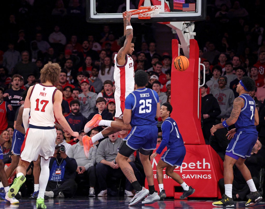 St. John's Red Storm forward Dillon Mitchell #1 dunks the ball during a game against Seton Hall Pirates.