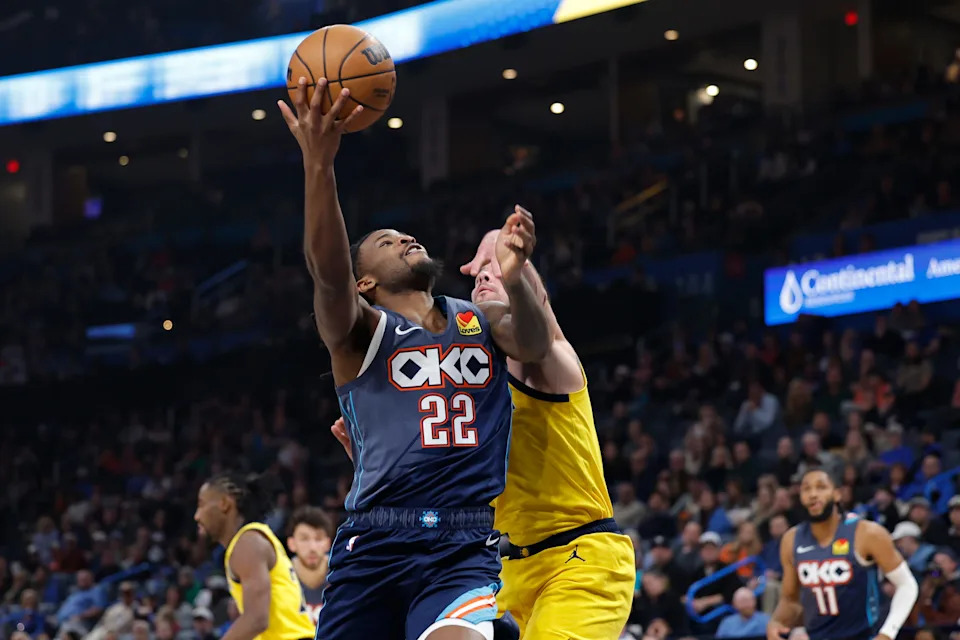 Jan 23, 2026; Oklahoma City, Oklahoma, USA; Oklahoma City Thunder guard Cason Wallace (22) goes up for a basket against the Indiana Pacers during the second quarter at Paycom Center. Mandatory Credit: Alonzo Adams-Imagn Images