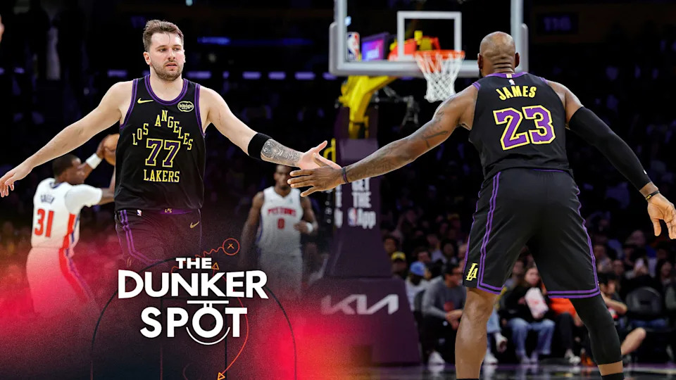 LOS ANGELES, CALIFORNIA - DECEMBER 30: Luka Doncic #77 and Lebron James #23 of the Los Angeles Lakers celebrate a three-point shot against the Detroit Pistons in the first half at Crypto.com Arena on December 30, 2025 in Los Angeles, California. (Photo by Ronald Martinez/Getty Images)