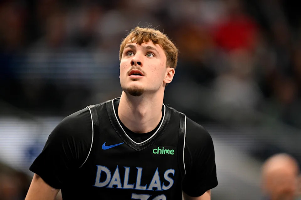 Jan 14, 2026; Dallas, Texas, USA; Dallas Mavericks forward Cooper Flagg (32) looks for the ball during the first quarter against the Denver Nuggets at the American Airlines Center. Mandatory Credit: Jerome Miron-Imagn Images
