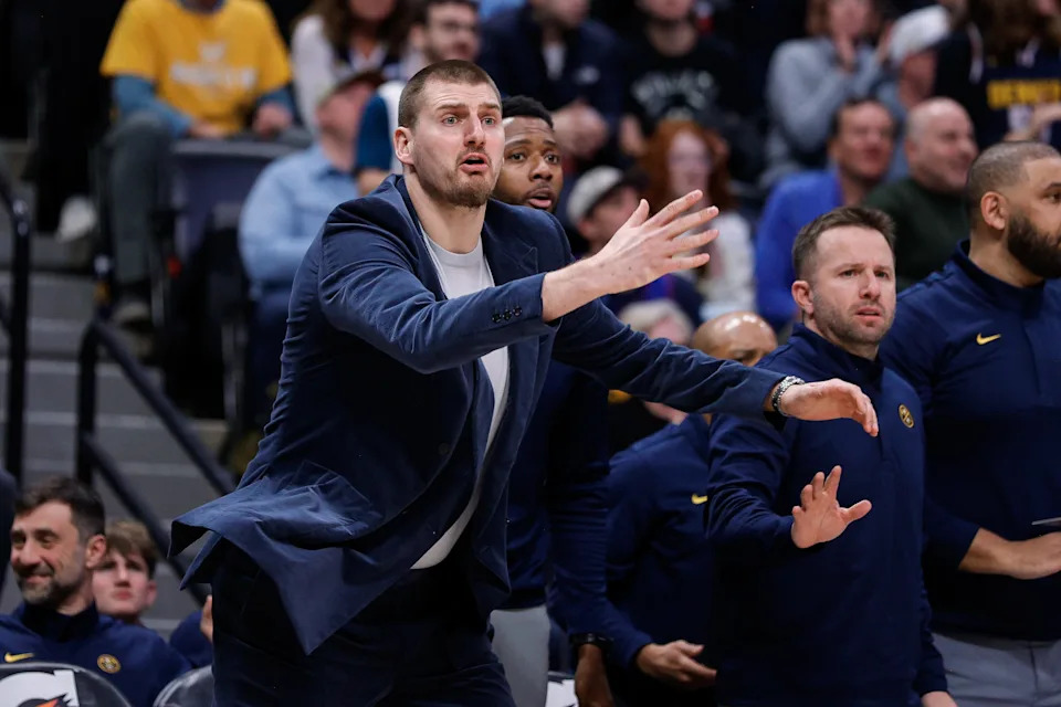 Denver Nuggets center Nikola Jokic reacts from the bench Jan 11, 2026 against the Milwaukee Bucks at Ball Arena. Isaiah J. Downing-Imagn Images