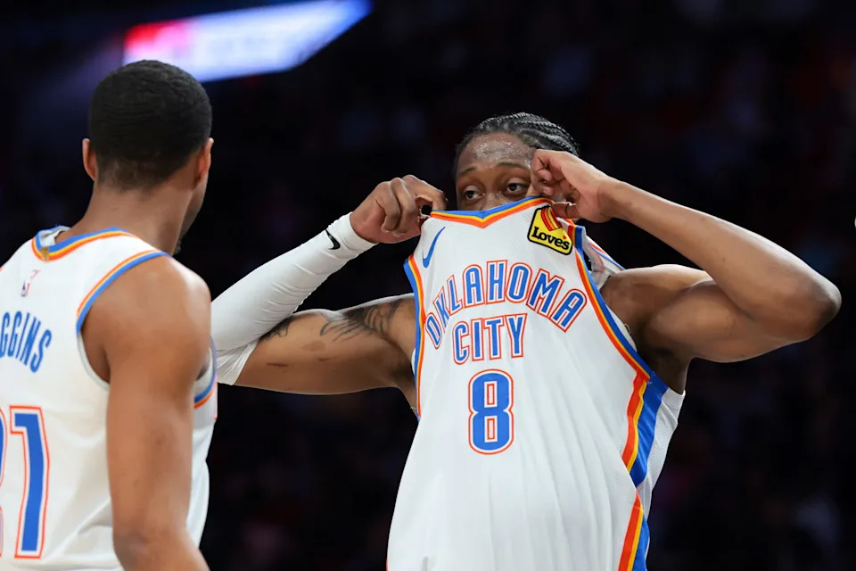 Jan 17, 2026; Miami, Florida, USA; Oklahoma City Thunder guard Jalen Williams (8) reacts against the Miami Heat during the second quarter at Kaseya Center. Mandatory Credit: Sam Navarro-Imagn Images