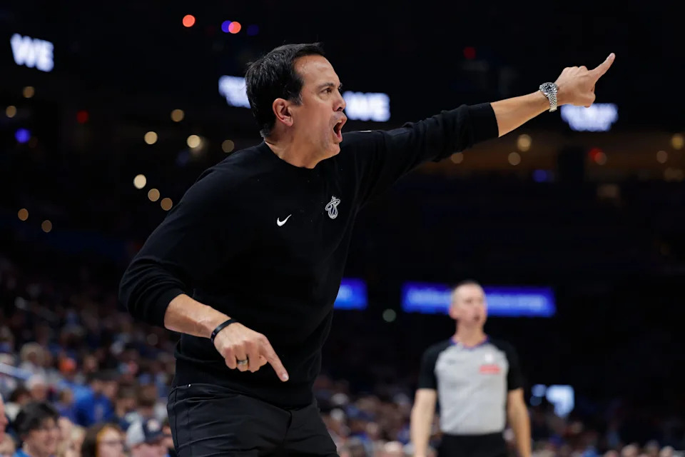 Jan 11, 2026; Oklahoma City, Oklahoma, USA; Miami Heat Head Coach Erik Spoelstra gestures to his team during a play against the Oklahoma City Thunder during the second half at Paycom Center. Mandatory Credit: Alonzo Adams-Imagn Images