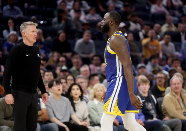Golden State Warriors' Draymond Green #23 exits the court after being ejected by a referee in the second quarter of their NBA game against the Utah Jazz at the Chase Center in San Francisco, Calif., on Saturday, Jan. 3, 2026. (Jane Tyska/Bay Area News Group)