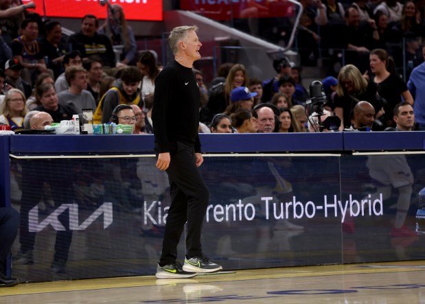 Golden State Warriors' head coach Steve Kerr gives instruction from the sideline in the fourth quarter of their NBA game against the Utah Jazz at the Chase Center in San Francisco, Calif., on Saturday, Jan. 3, 2026. (Jane Tyska/Bay Area News Group)