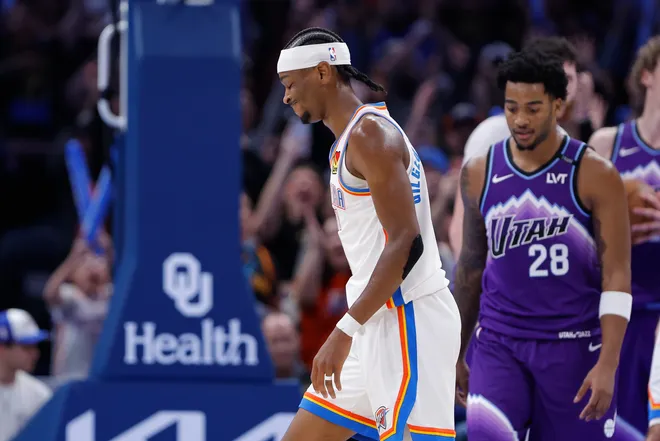 Jan 7, 2026; Oklahoma City, Oklahoma, USA; Oklahoma City Thunder guard Shai Gilgeous-Alexander (2) smiles after making a basket to force overtime against the Utah Jazz at Paycom Center. Mandatory Credit: Alonzo Adams-Imagn Images
