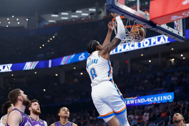 Jan 7, 2026; Oklahoma City, Oklahoma, USA; Oklahoma City Thunder guard/forward Jalen Williams (8) dunks against the Utah Jazz during the first quarter at Paycom Center. Mandatory Credit: Alonzo Adams-Imagn Images