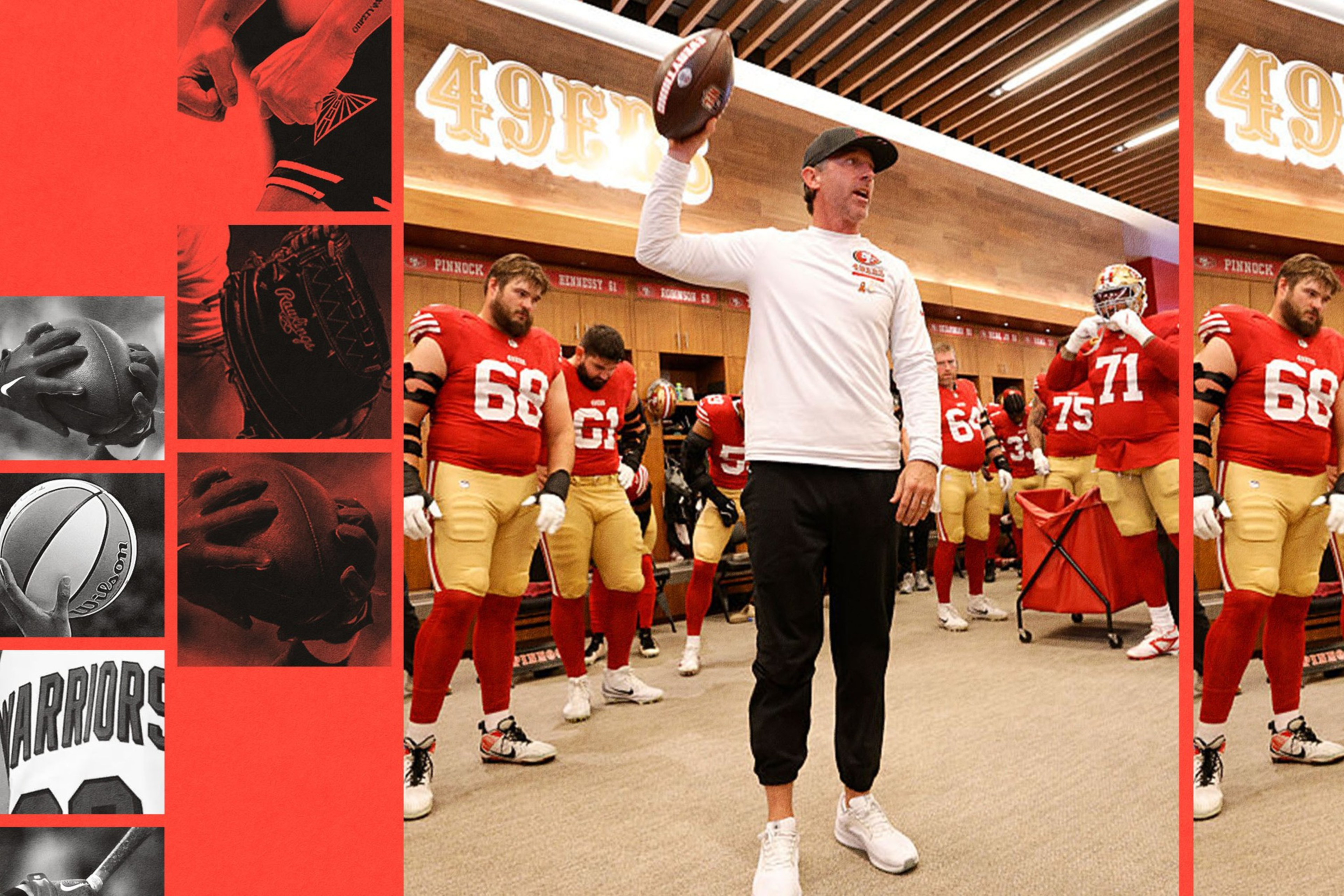 A football coach in a white top raises a football while his team, wearing red and gold uniforms, stands behind him in a locker room under a "49ERS" sign.