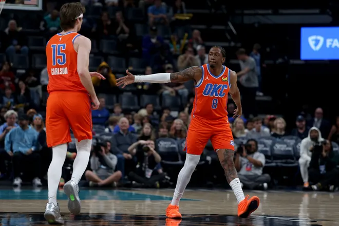 Jan 9, 2026; Memphis, Tennessee, USA; Oklahoma City Thunder guard Jalen Williams (8) reacts with center Branden Carlson (15) during the first quarter against the Memphis Grizzlies at FedExForum. Mandatory Credit: Petre Thomas-Imagn Images