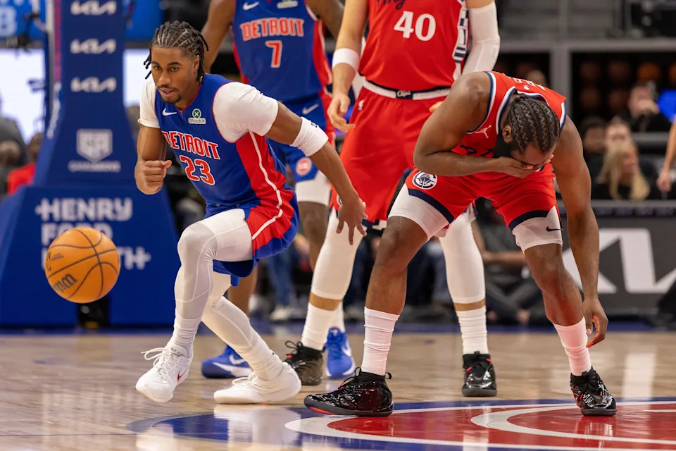 Detroit Pistons guard Jaden Ivey (23) bumps into LA Clippers guard James Harden (1) during the first quarter at Little Caesars Arena in Detroit on Saturday, Jan. 10, 2026.