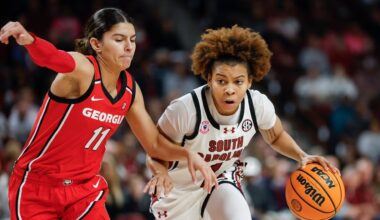 Okot, Edwards lead sluggish No. 3 South Carolina to 20th straight win over Georgia 65-43