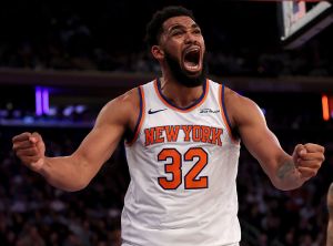 NEW YORK, NEW YORK - JANUARY 07: Karl-Anthony Towns #32 of the New York Knicks reacts in the second half against the LA Clippers at Madison Square Garden on January 07, 2026 in New York City. The New York Knicks defeated the LA Clippers 123-111. NOTE TO USER: User expressly acknowledges and agrees that, by downloading and or using this photograph, User is consenting to the terms and conditions of the Getty Images License Agreement. (Photo by Elsa/Getty Images)