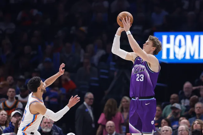 Jan 7, 2026; Oklahoma City, Oklahoma, USA; Utah Jazz forward/center Lauri Markkanen (23) shoots against the Oklahoma City Thunder during the second quarter at Paycom Center. Mandatory Credit: Alonzo Adams-Imagn Images