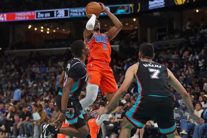Jan 9, 2026; Memphis, Tennessee, USA; Oklahoma City Thunder guard Jalen Williams (8) shoots during the second quarter against the Memphis Grizzlies at FedExForum. Mandatory Credit: Petre Thomas-Imagn Images
