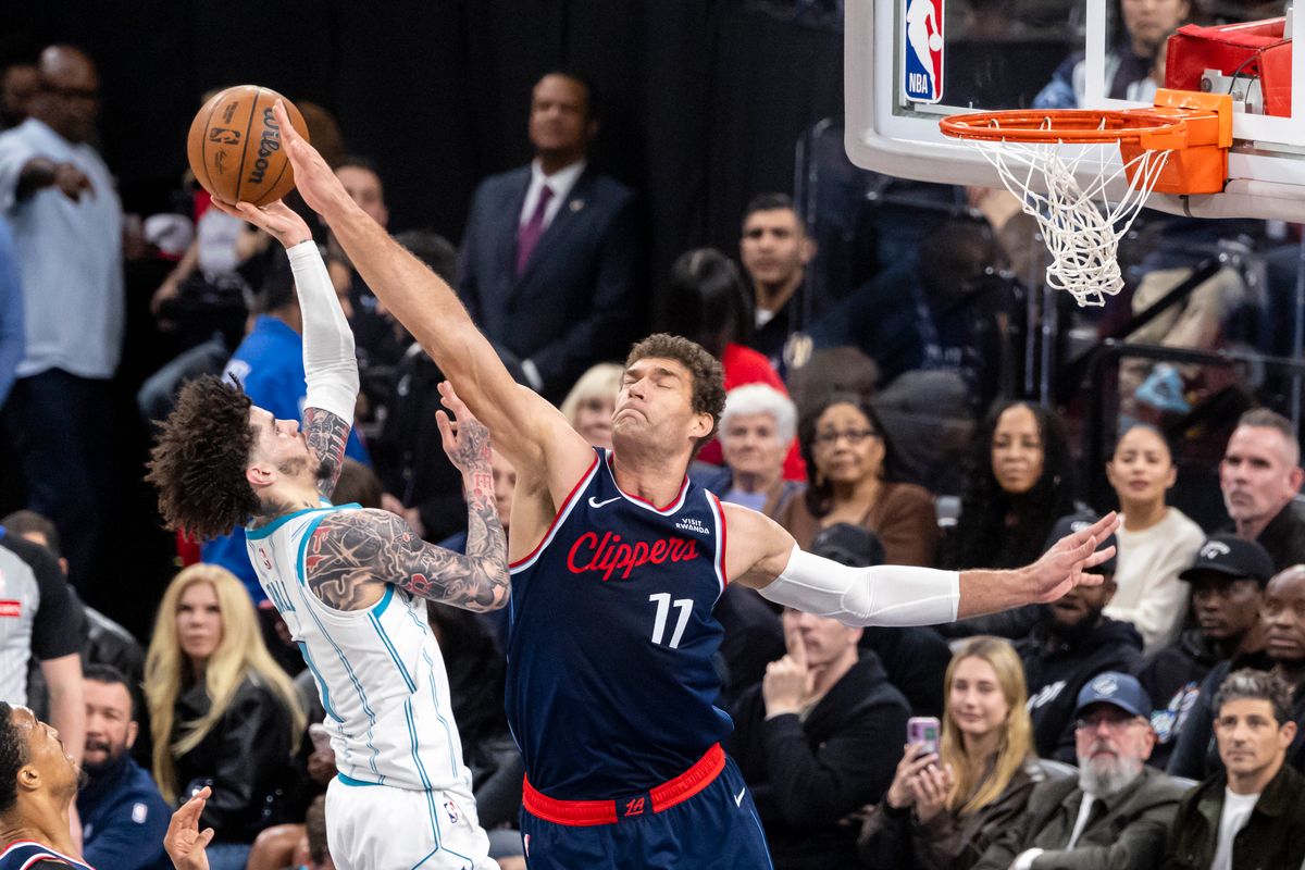 Brook Lopez #11 of the LA Clippers blocks the shot by LaMelo Ball #1 of the Charlotte Hornets during an NBA basketball game, Monday January 12, 2026 in Inglewood, Calif. Brook Lopez #11 of the LA Clippers blocks the shot by LaMelo Ball #1 of the Charlotte Hornets during an NBA basketball game, Monday January 12, 2026 in Inglewood, Calif.