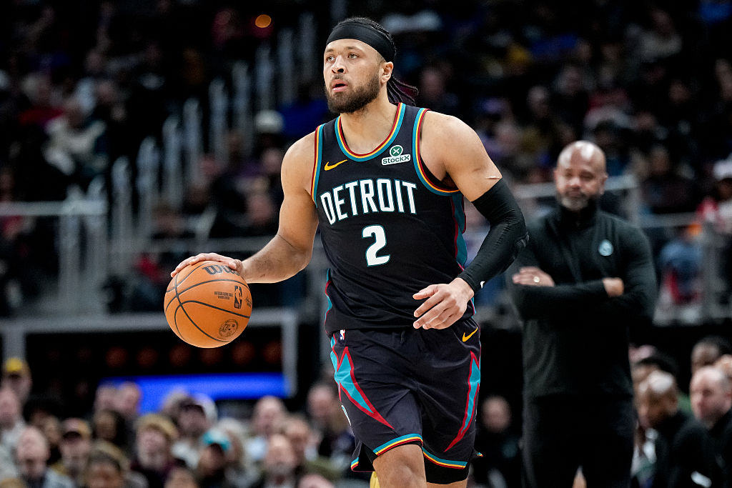 DETROIT, MICHIGAN - JANUARY 01: Cade Cunningham #2 of the Detroit Pistons dribbles the ball against the Miami Heat at Little Caesars Arena on January 01, 2026 in Detroit, Michigan. NOTE TO USER: User expressly acknowledges and agrees that, by downloading and or using this photograph, User is consenting to the terms and conditions of the Getty Images License Agreement. (Photo by Nic Antaya/Getty Images)