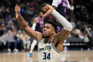MILWAUKEE, WISCONSIN - JANUARY 13: Giannis Antetokounmpo #34 of the Milwaukee Bucks reacts against the Minnesota Timberwolves during the third quarter at Fiserv Forum on January 13, 2026 in Milwaukee, Wisconsin. NOTE TO USER: User expressly acknowledges and agrees that, by downloading and or using this photograph, User is consenting to the terms and conditions of the Getty Images License Agreement. (Photo by Patrick McDermott/Getty Images)