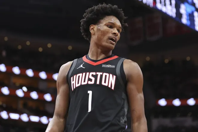 Jan 15, 2026; Houston, Texas, USA; Houston Rockets guard Amen Thompson (1) reacts after a play during the second quarter against the Oklahoma City Thunder at Toyota Center.