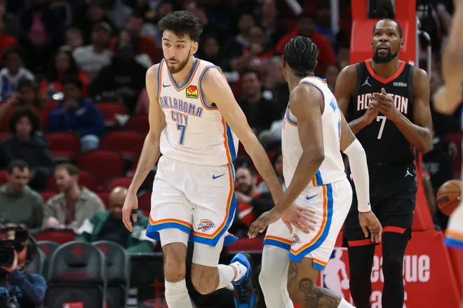 Jan 15, 2026; Houston, Texas, USA; Oklahoma City Thunder center Chet Holmgren (7) reacts after scoring a basket during the first quarter against the Houston Rockets at Toyota Center. Mandatory Credit: Troy Taormina-Imagn Images