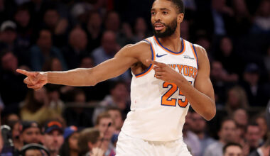 NEW YORK, NEW YORK - JANUARY 07: Mikal Bridges #25 of the New York Knicks celebrates his three point shot in the fourth quarter against the LA Clippers at Madison Square Garden on January 07, 2026 in New York City.