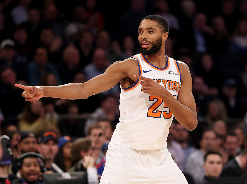 NEW YORK, NEW YORK - JANUARY 07: Mikal Bridges #25 of the New York Knicks celebrates his three point shot in the fourth quarter against the LA Clippers at Madison Square Garden on January 07, 2026 in New York City.