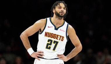 NEW YORK, NEW YORK - JANUARY 04: Jamal Murray #27 of the Denver Nuggets looks on in the first half against the Brooklyn Nets at Barclays Center on January 04, 2026 in New York City. NOTE TO USER: User expressly acknowledges and agrees that, by downloading and or using this photograph, User is consenting to the terms and conditions of the Getty Images License Agreement. (Photo by Evan Bernstein/Getty Images)