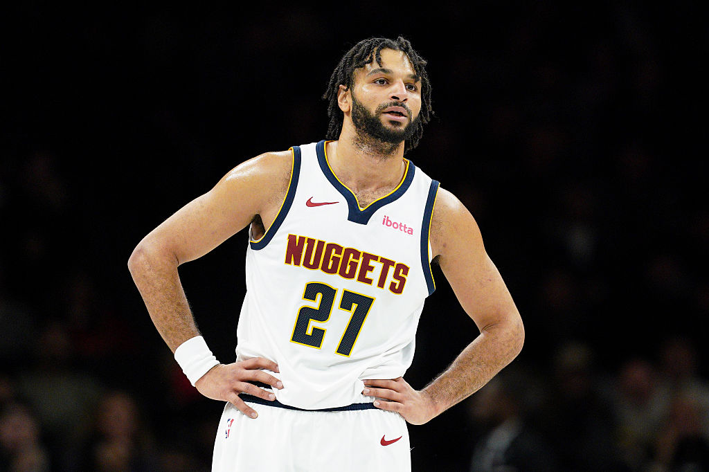 NEW YORK, NEW YORK - JANUARY 04: Jamal Murray #27 of the Denver Nuggets looks on in the first half against the Brooklyn Nets at Barclays Center on January 04, 2026 in New York City. NOTE TO USER: User expressly acknowledges and agrees that, by downloading and or using this photograph, User is consenting to the terms and conditions of the Getty Images License Agreement. (Photo by Evan Bernstein/Getty Images)