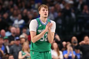 DALLAS, TEXAS - JANUARY 12: Cooper Flagg #32 of the Dallas Mavericks reacts during the second half against the Brooklyn Nets at American Airlines Center on January 12, 2026 in Dallas, Texas. NOTE TO USER: User expressly acknowledges and agrees that, by downloading and or using this photograph, user is consenting to the terms and conditions of the Getty Images License Agreement. (Photo by Sam Hodde/Getty Images)