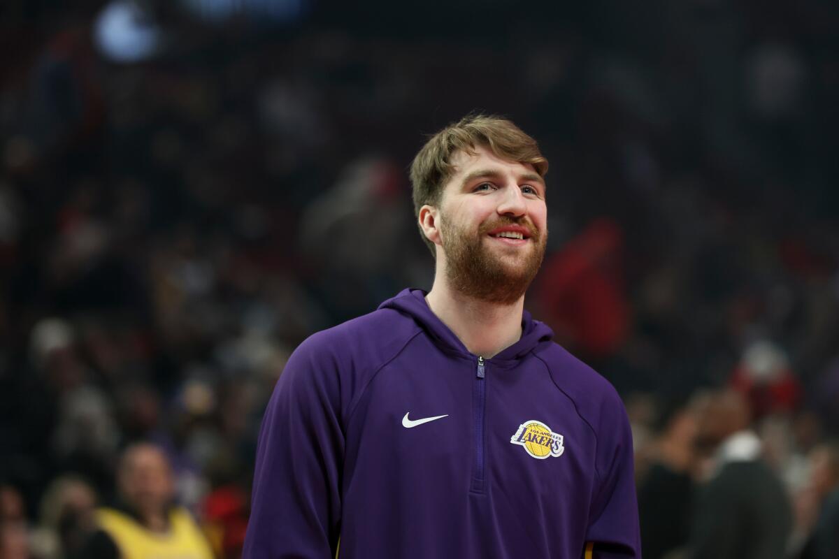 Lakers forward Drew Timme warms up before facing the Portland Trail Blazers on Jan. 17.