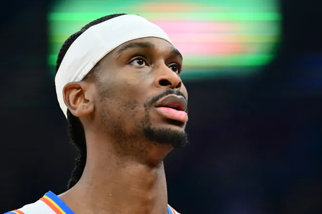 Jan 19, 2026; Cleveland, Ohio, USA; Oklahoma City Thunder guard Shai Gilgeous-Alexander (2) looks on during the first half against the Cleveland Cavaliers at Rocket Arena. Mandatory Credit: Ken Blaze-Imagn Images