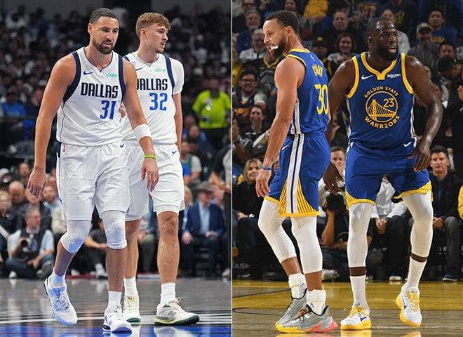 Klay Thompson, Cooper Flagg, Steph Curry, Draymond Green