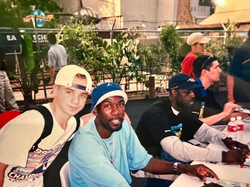Matt Riccardi pictured with Michael Finley during a 1999 autograph session at Six Flags Over...