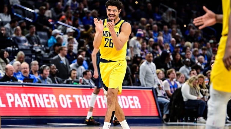 Indiana Pacers guard Ben Sheppard (26) celebrates during the second...
