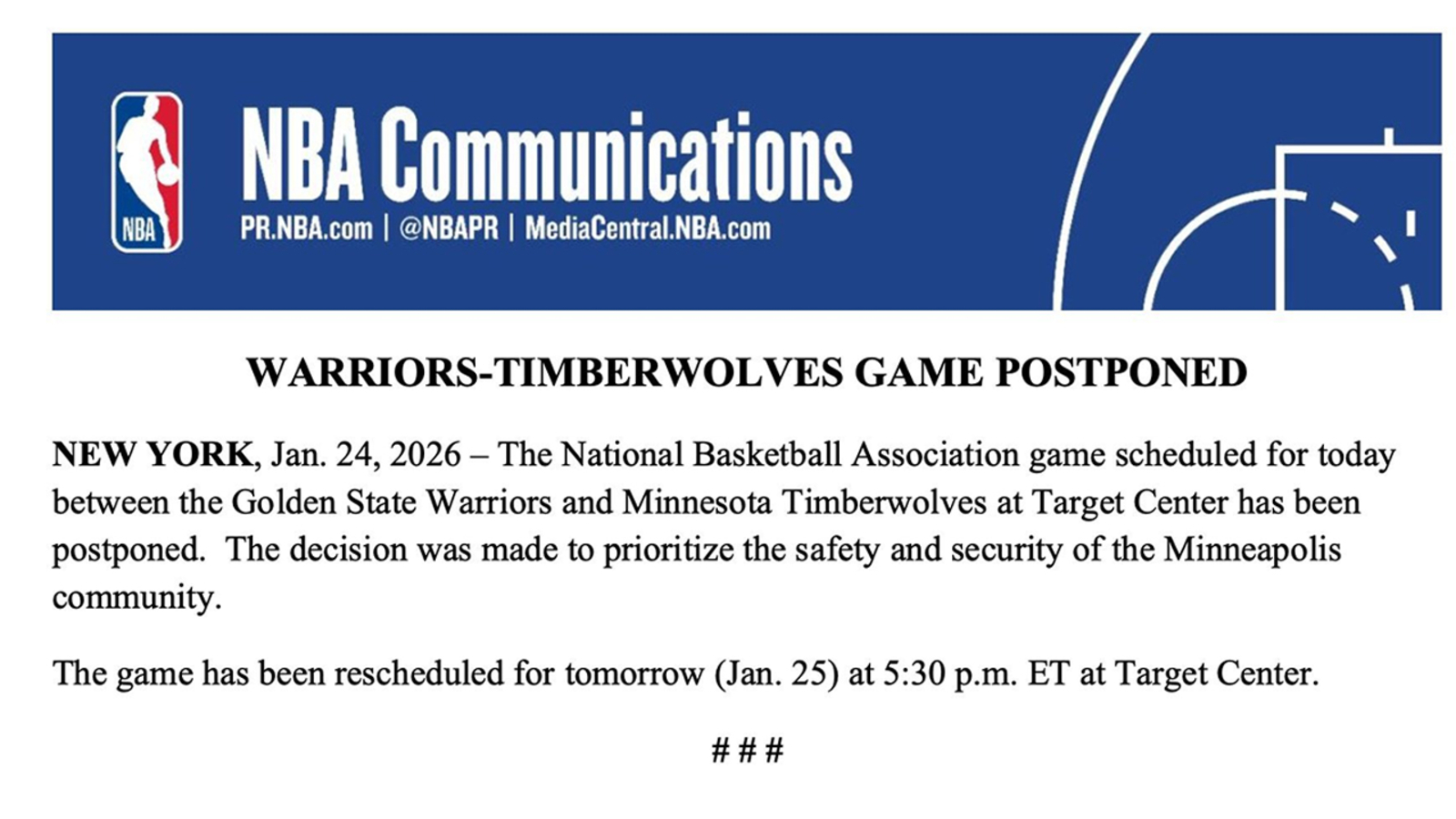 Warriors vs. Minnesota Timberwolves game on ABC7 postponed following deadly Minneapolis shooting involving federal agents