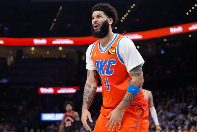 Jan 25, 2026; Oklahoma City, Oklahoma, USA; Oklahoma City Thunder guard/forward Kenrich Williams (34) reacts after a call against him during play against the Toronto Raptors in the second half at Paycom Center. Mandatory Credit: Alonzo Adams-Imagn Images