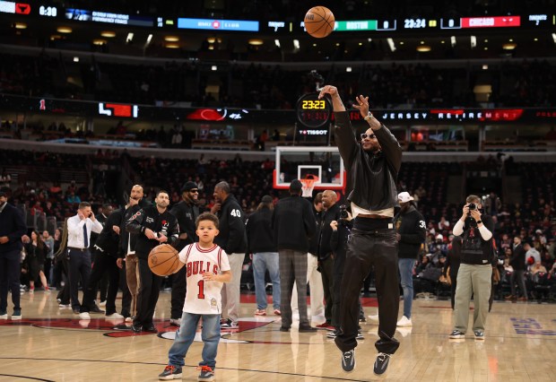 Derrick Rose stands on the court at the United Center in Chicago as he shoots some shots prior to a game between the Chicago Bulls and the Boston Celtics on Jan. 24, 2026. The Bulls are honoring Rose by retiring his #1 jersey following the game. (Chris Sweda/Chicago Tribune)