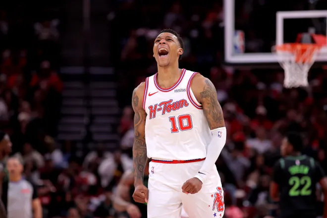 Jan 18, 2026; Houston, Texas, USA; Houston Rockets forward Jabari Smith Jr. (10) reacts after a basket against the New Orleans Pelicans during the fourth quarter at Toyota Center. Mandatory Credit: Erik Williams-Imagn Images