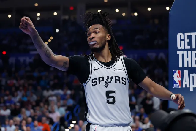Oklahoma City, Oklahoma, USA; San Antonio Spurs guard Stephon Castle gestures after a play against the Oklahoma City Thunder during the second quarter at Paycom Center.