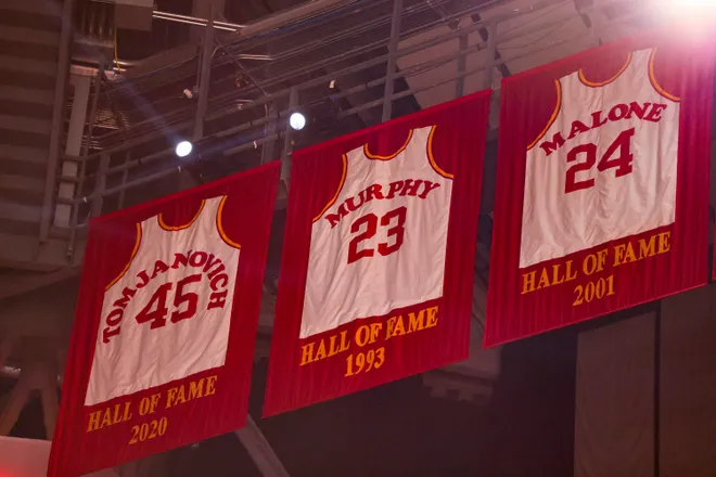 Dec 16, 2021; Houston, Texas, USA; Former Houston Rockets Rudy Tomjanovich jersey hangs from the rafters as the Rockets play against the New York Knicks in the third quarter at Toyota Center. Mandatory Credit: Thomas Shea-USA TODAY Sports