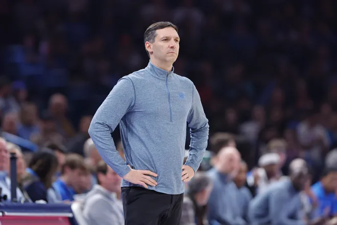 Jan 5, 2026; Oklahoma City, Oklahoma, USA; Oklahoma City Thunder head coach Mark Daigneault watches his team play against the Charlotte Hornets during the second quarter at Paycom Center. Mandatory Credit: Alonzo Adams-Imagn Images
