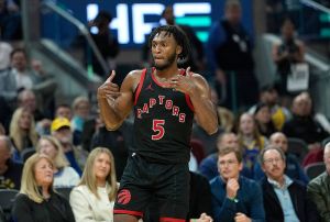 SAN FRANCISCO, CALIFORNIA - JANUARY 20: Immanuel Quickley #5 of the Toronto Raptors reacts after making a three-point shot against the Golden State Warriors in the second half at Chase Center on January 20, 2026 in San Francisco, California.